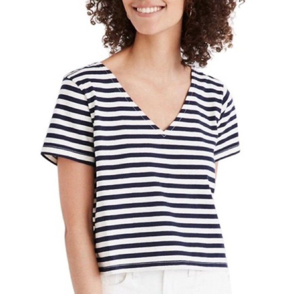 Madewell Black and White Stripe V-Neck T-shirt size Small **NEW**